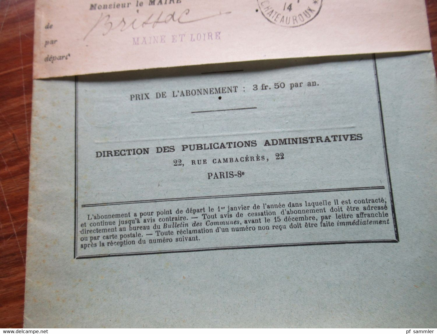Frankreich 17.1.1914 Streifband Mit Bulletin Des Communes No1 Paris Stempel Journaux P.P. An Le Maire Brittac Maine Et L - Covers & Documents