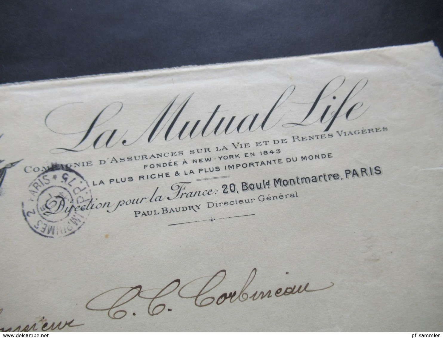 Frankreich 1904 Umschlag The Mutual Life Montmatre Paris Directeur Paul Baudry Stempel Paris P.P. 75 Imprimes - Covers & Documents