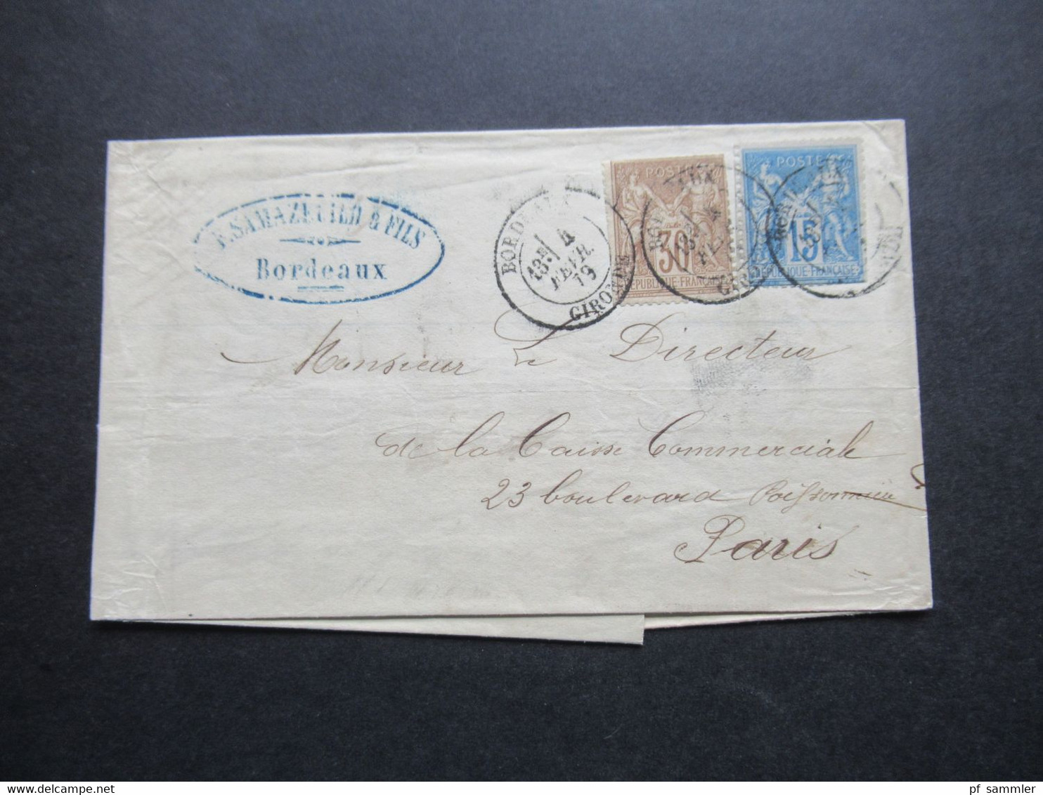 Frankreich 1879 Sage Nr.64 I MiF Mit Nr.73 Bordeaux - Paris Faltbrief Mit Inhalt Stempel Caisse Commerciale De Paris - 1876-1878 Sage (Typ I)