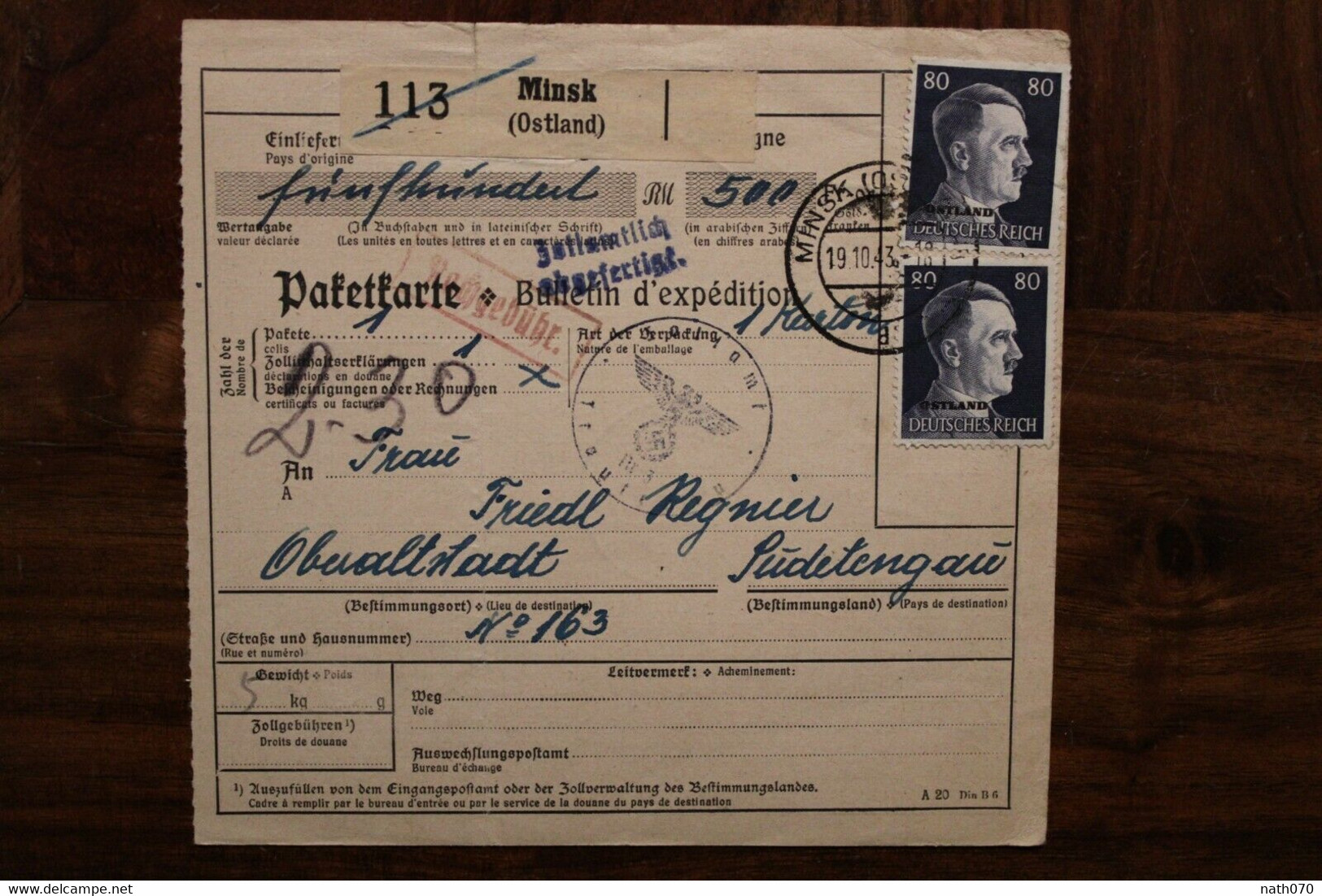 1944 MINSK Ostland Paketkarte Nachgebühr Dt Reich Sudentengau Oberaltstadt WK2 WW2 Cover Besetzung Occupation - Ocupación 1938 – 45