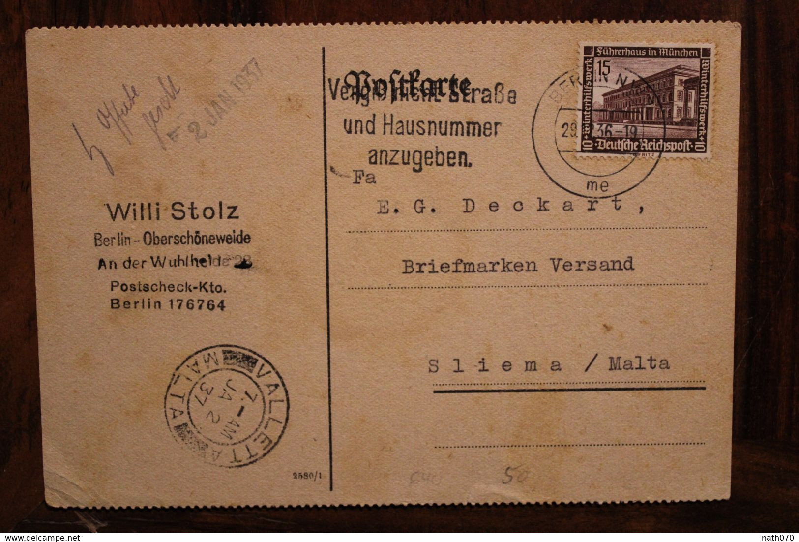 1937 Postkarte Berlin Sliema Matla Dt Reich WK2 WW2 Cover Malte Entier Ganzsache Tas-sliema - Lettres & Documents