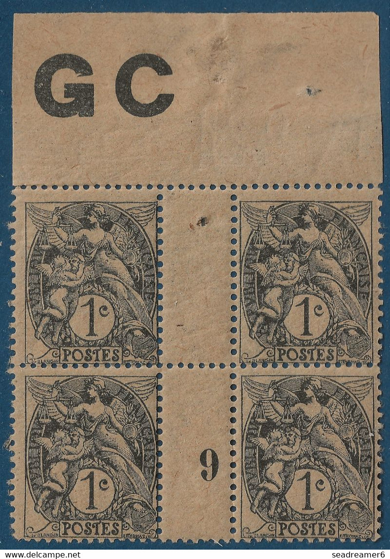 France Type Blanc Bloc De 4 Manchette GC ( Papier Crème) Millésime 9 De 1919 N°107** Type IA 1c Gris Fraicheur Postale - 1900-29 Blanc