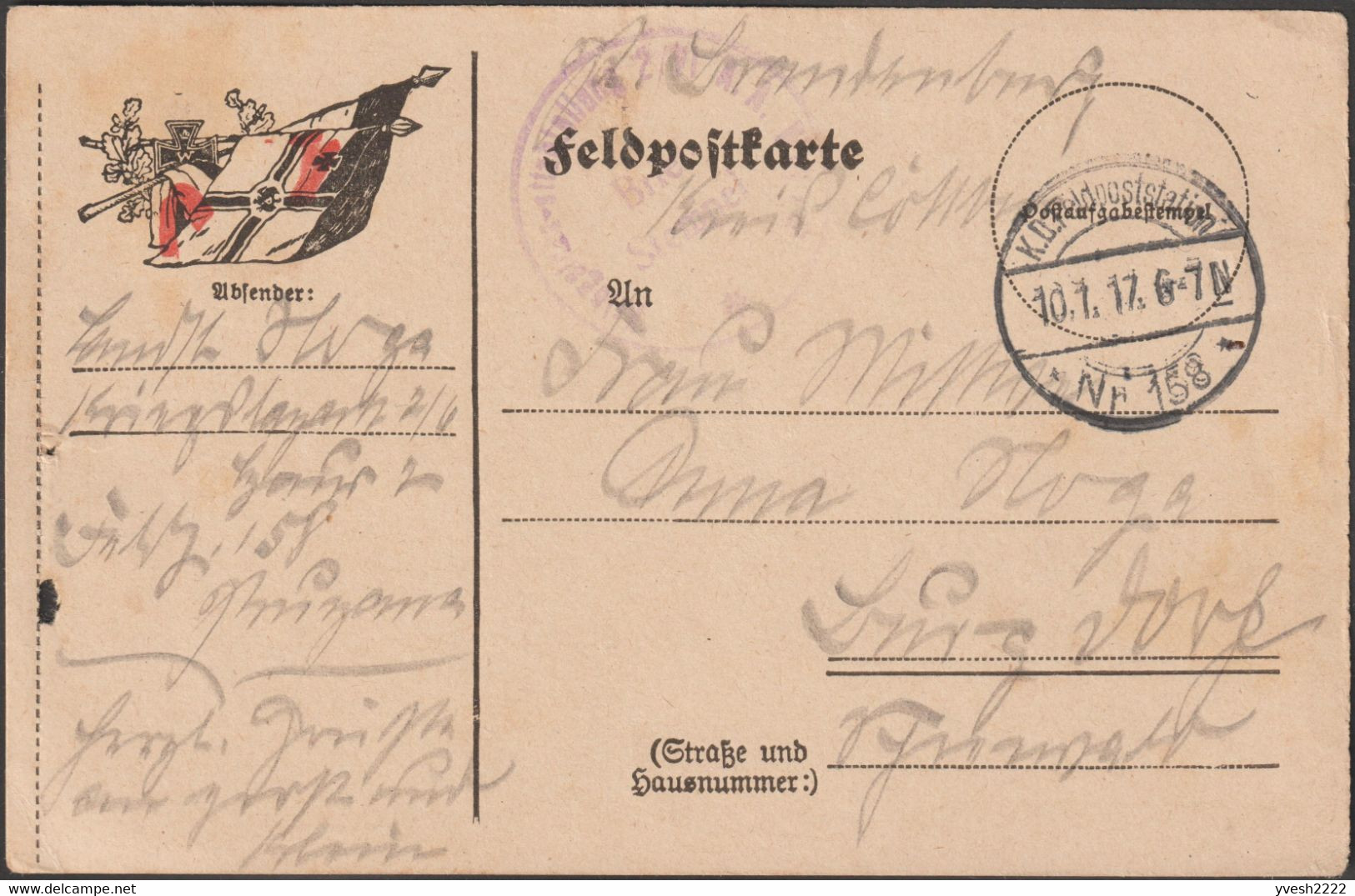 Allemagne 1917.  Carte Postale De Franchise Militaire. Drapeau. Curiosité, Rouge Déplacé - Buste