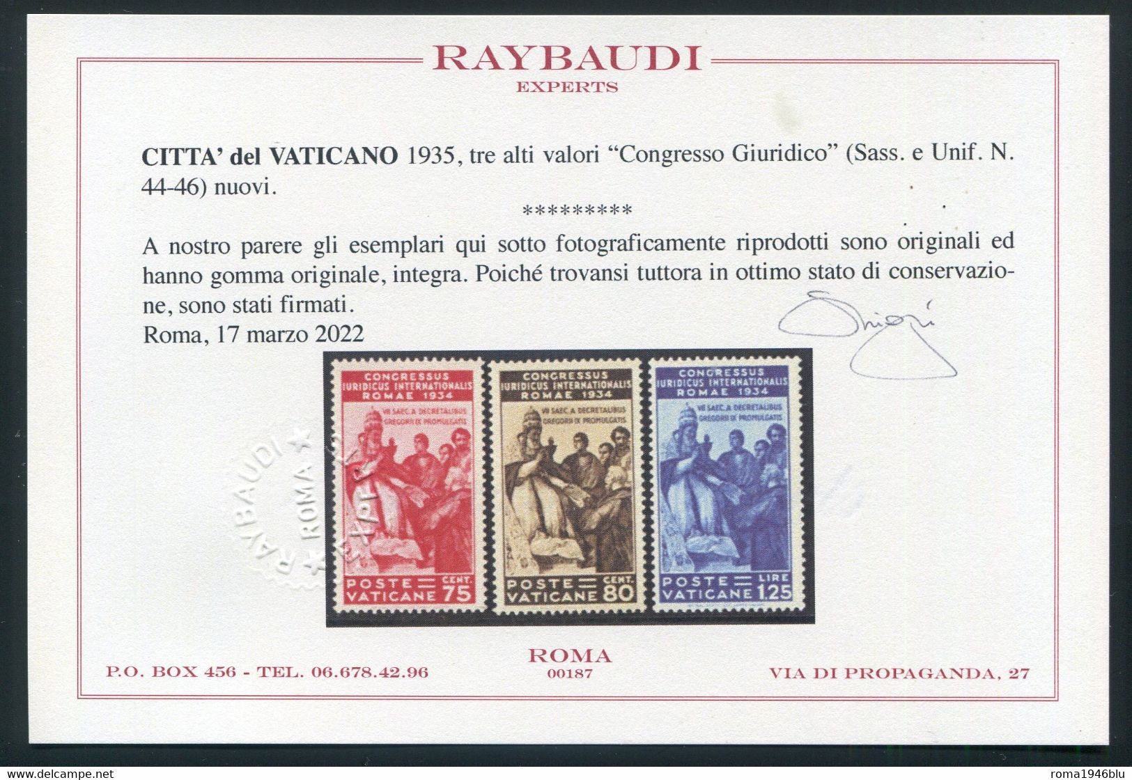 VATICANO 1935 CONGRESSO GIURIDICO SERIE CPL. ** MNH CERT. RAYBAUDI - Ongebruikt