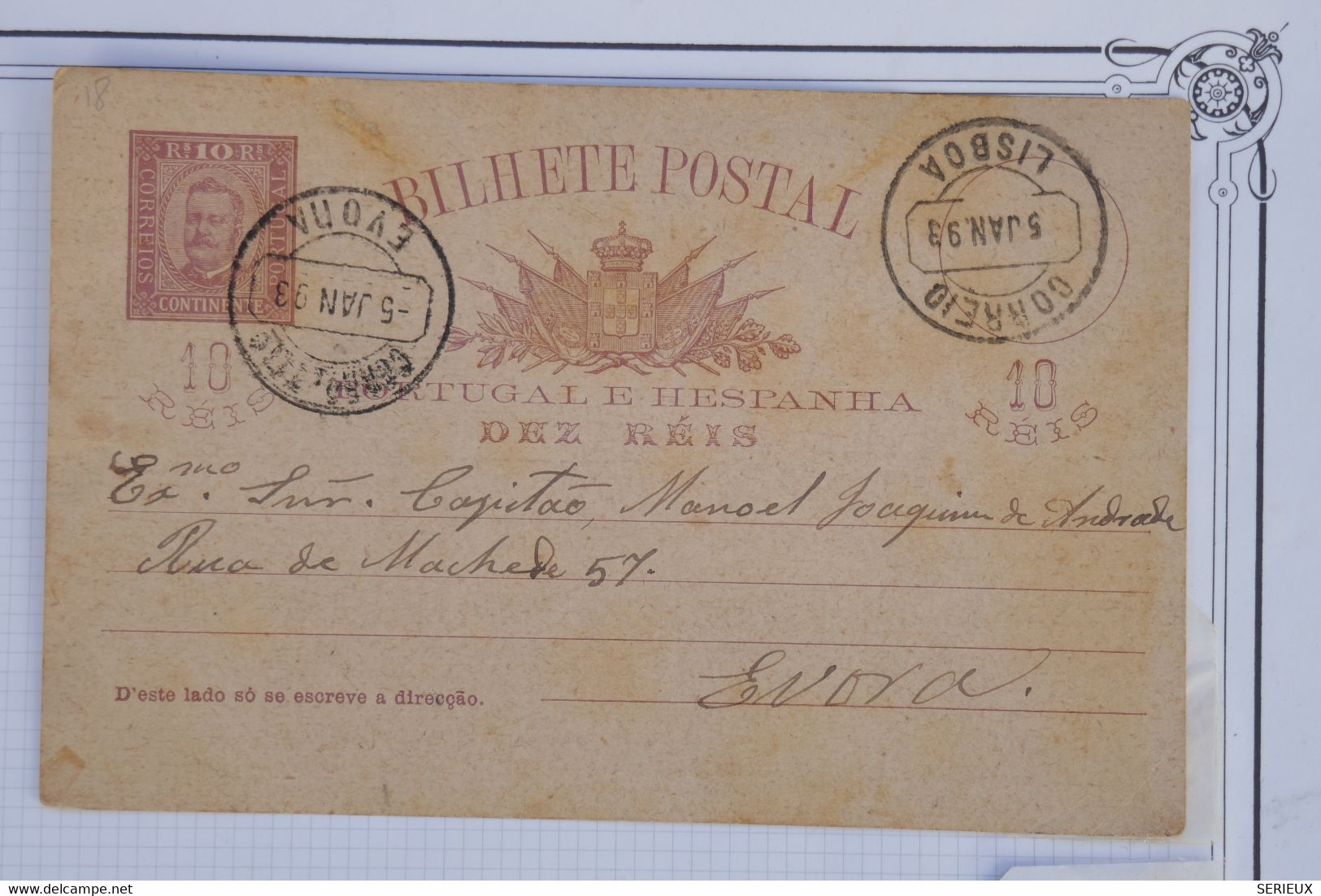 AS15  PORTUGAL BELLE CARTE 1893  LISBOA POUR EVORA ? + AFFR. PLAISANT - Storia Postale