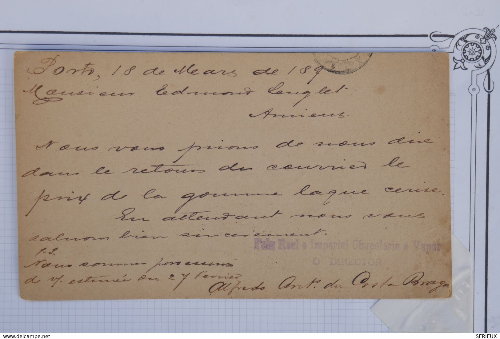 AS15  PORTUGAL BELLE CARTE 1892 PORTO  POUR AMIENS  FRANCE  + AFFR. INTERESSANT - Lettres & Documents