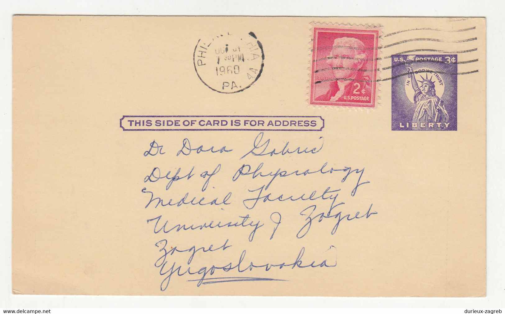 US Postal Stationery Postcard Posted 1960 Philadelphia To Zagreb B220320 - 1941-60