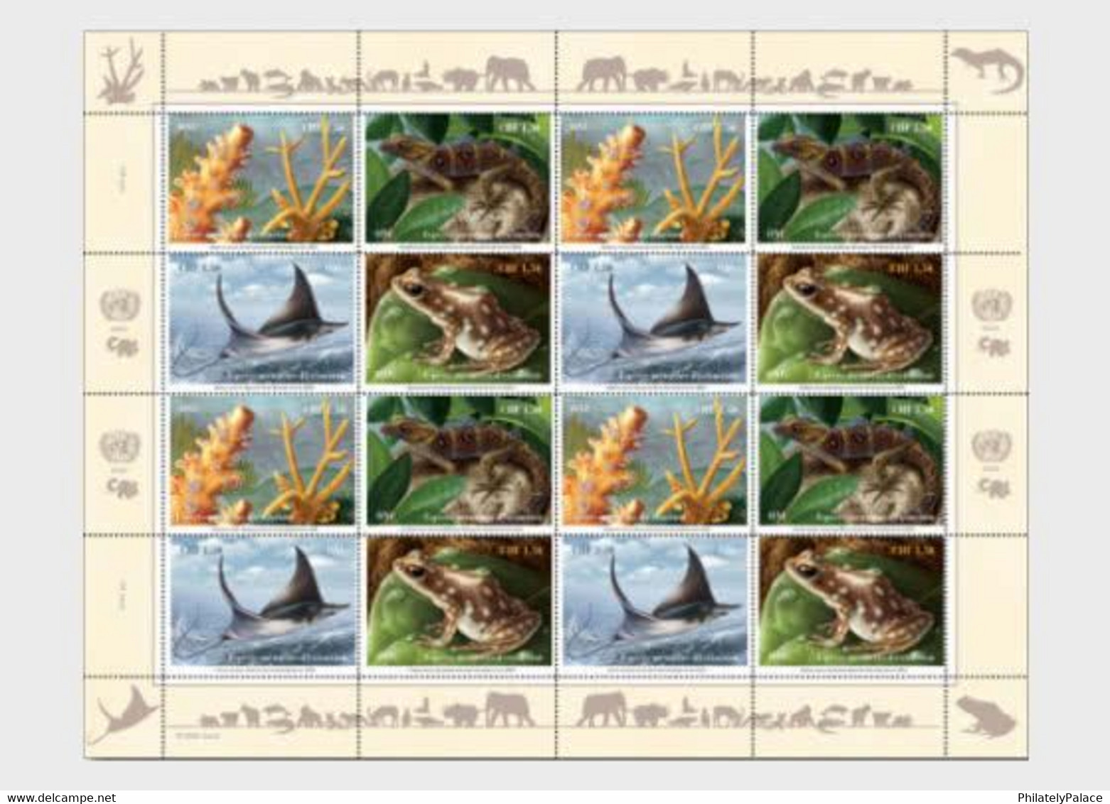 UN 2022 United Nations Endangered Species Wildlife Staghorn Coral, Gecko, Devil Ray, Poison Frog, Amphibian MNH (**) - Ungebraucht