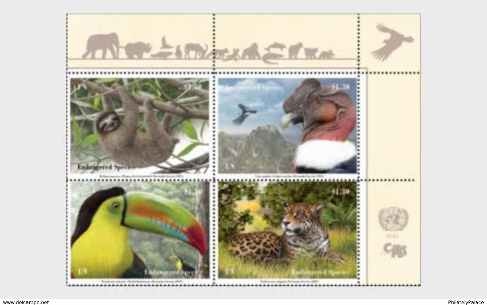 UN 2022 United Nations Endangered Species Wildlife Sloth, Jaguar, Toucan, Andean Condor Vulture, Animal, Bird  MNH (**) - Neufs