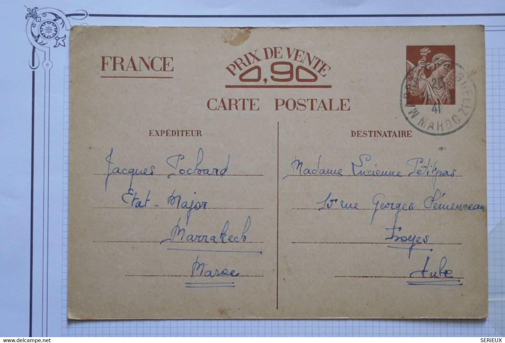 O 17 MAROC FRANCAIS   BELLE CARTE LETTRE ENTIER 1941 MARRAKESH  POUR TROYES+ TEMOIGNAGE MERE  + AFFR. PLAISANT - Covers & Documents