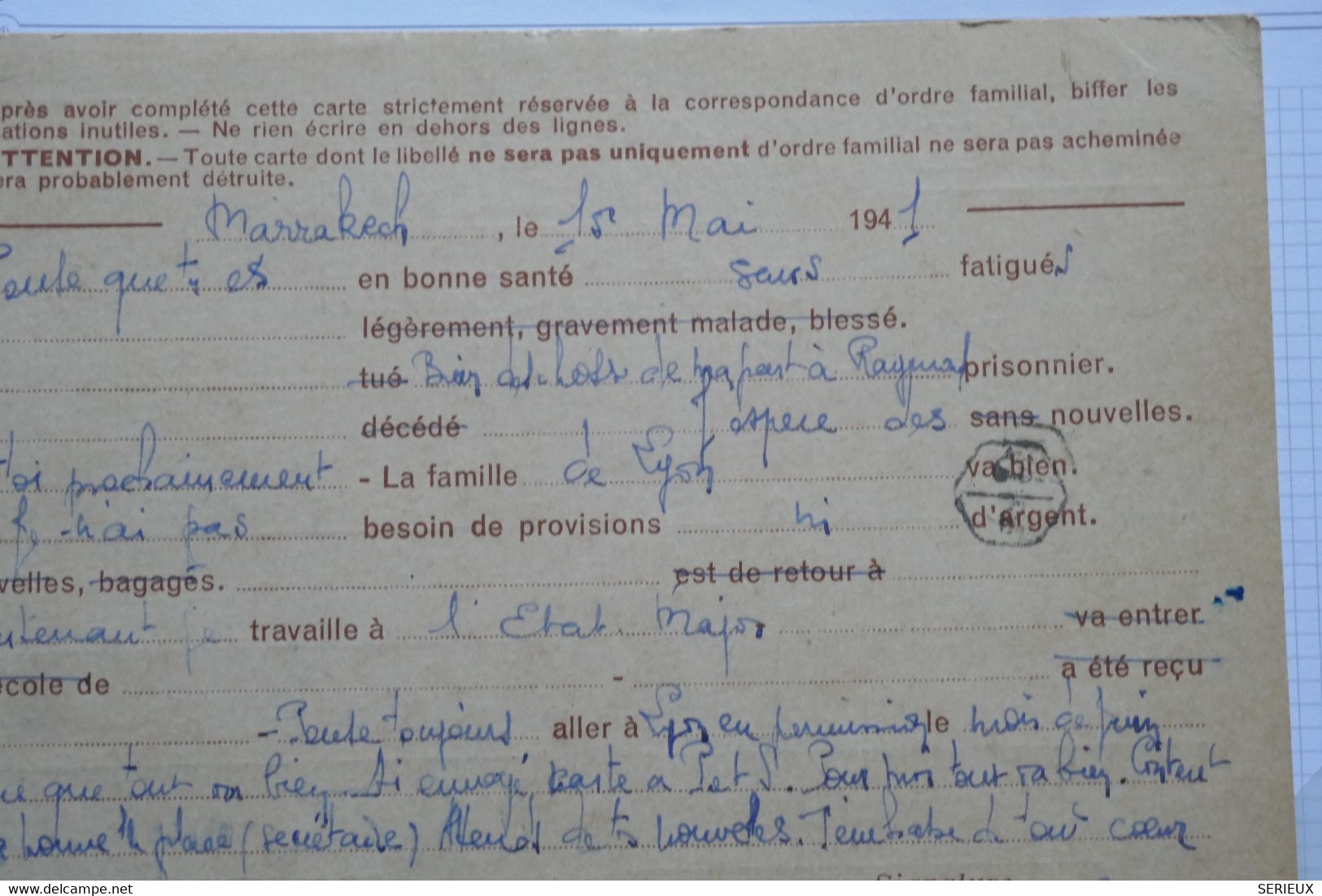 O 17 MAROC FRANCAIS   BELLE CARTE LETTRE ENTIER 1941 MARRAKESH  POUR TROYES+ TEMOIGNAGE MERE  + AFFR. PLAISANT - Briefe U. Dokumente