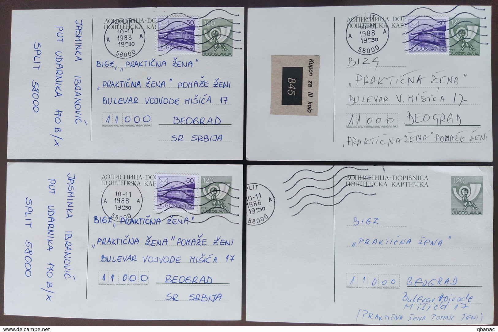 Yugoslavia 4 Travelled Postal Cards - Covers & Documents