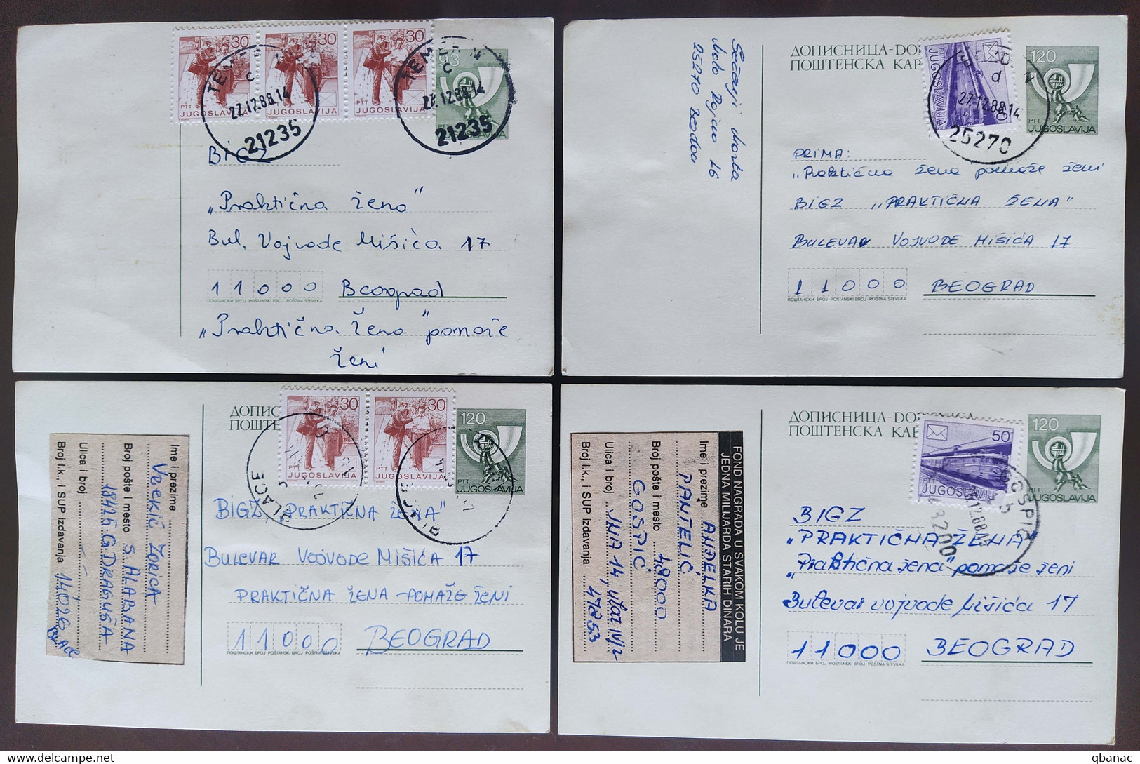 Yugoslavia 4 Travelled Postal Cards - Lettres & Documents