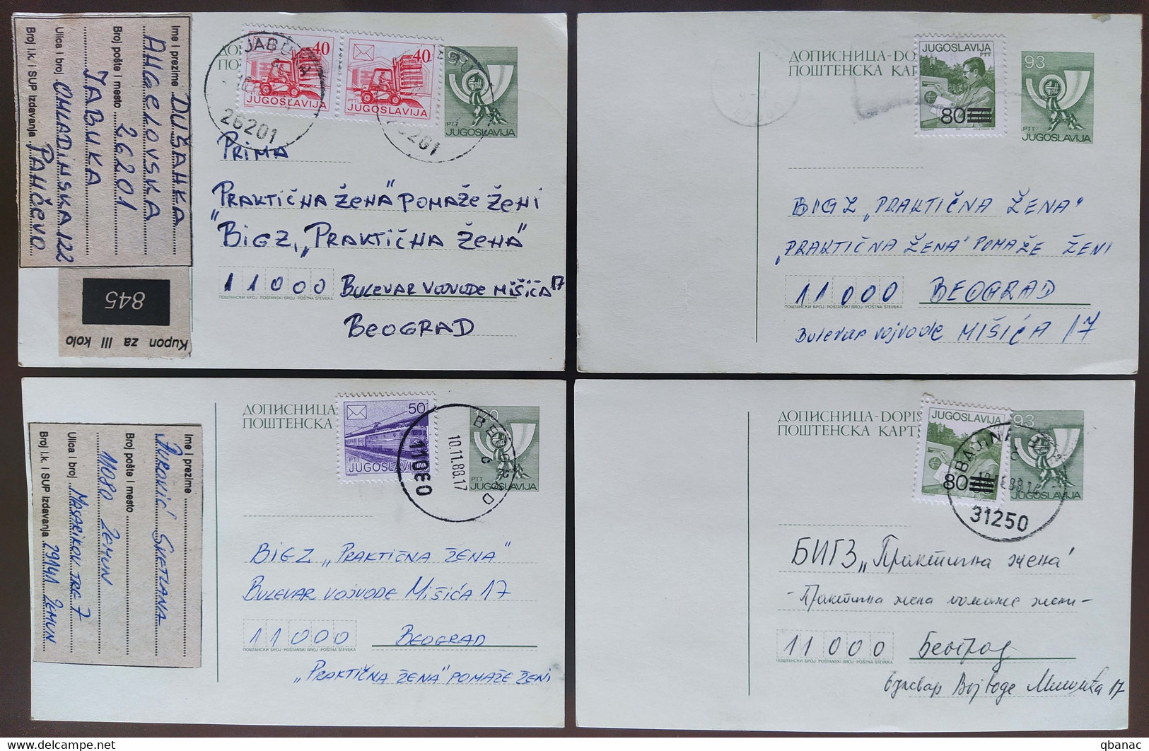 Yugoslavia 4 Travelled Postal Cards - Covers & Documents