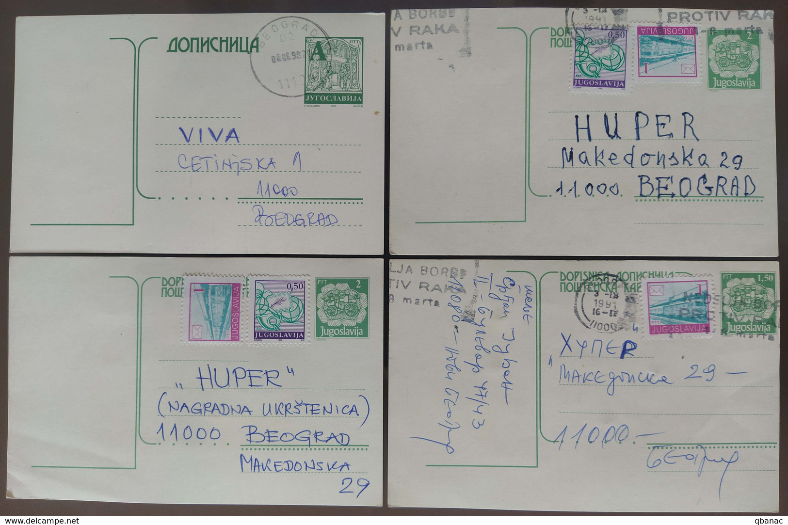 Yugoslavia 4 Travelled Postal Cards - Covers & Documents