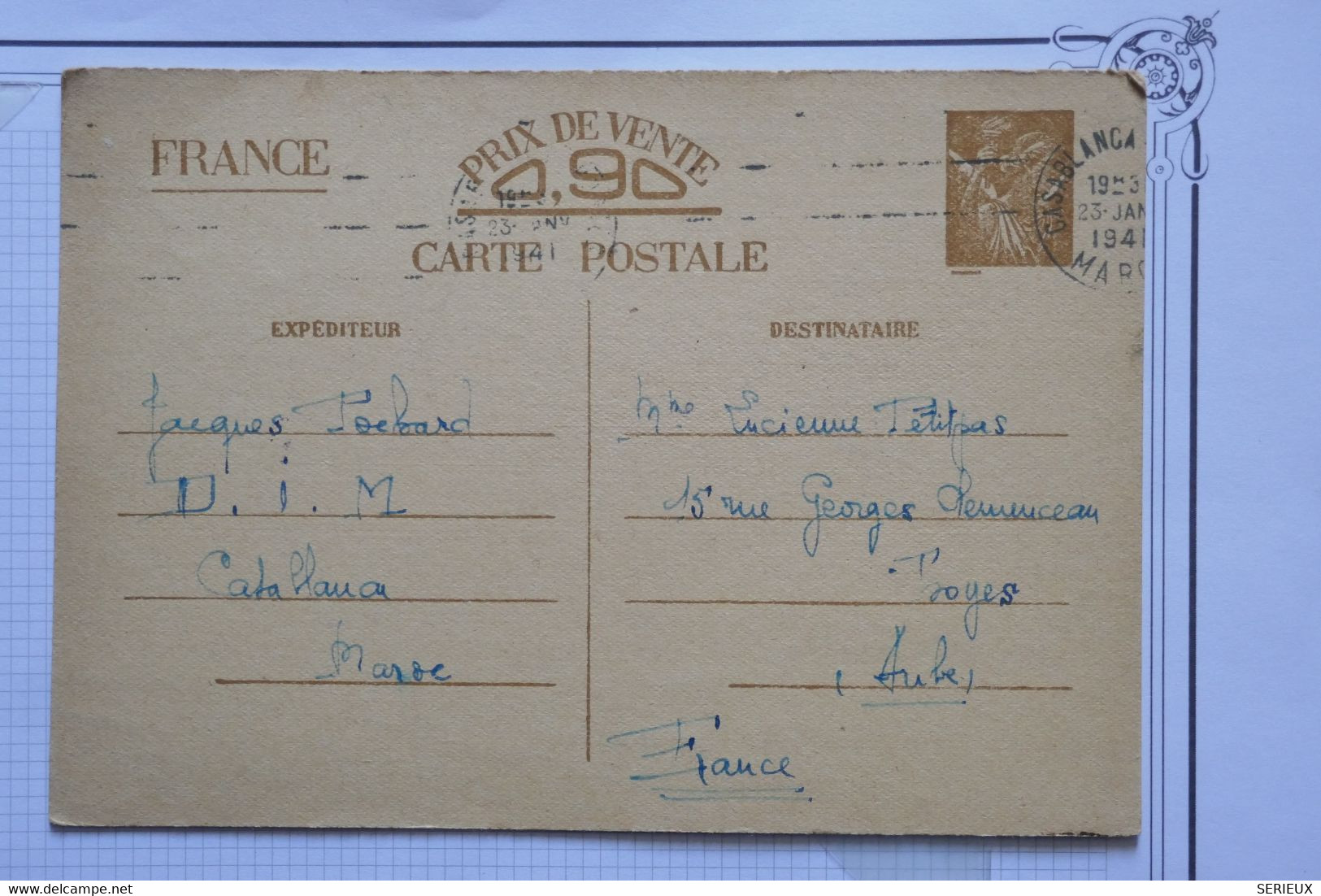 O 18 MAROC FRANCAIS   BELLE CARTE LETTRE ENTIER 1941 CASABLANCA   POUR TROYES+  GUERRE + AFFR. PLAISANT - Briefe U. Dokumente