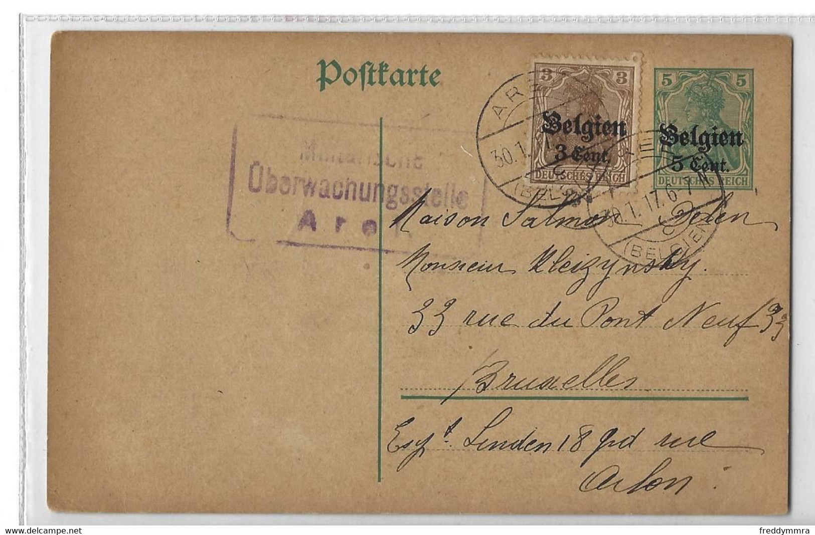 Belgique: Occupation Allemande: Carte Postale Avec Le 5c Imprimé- En Complément Le 3c ( Oc11) Censure Arel) - Deutsche Besatzung