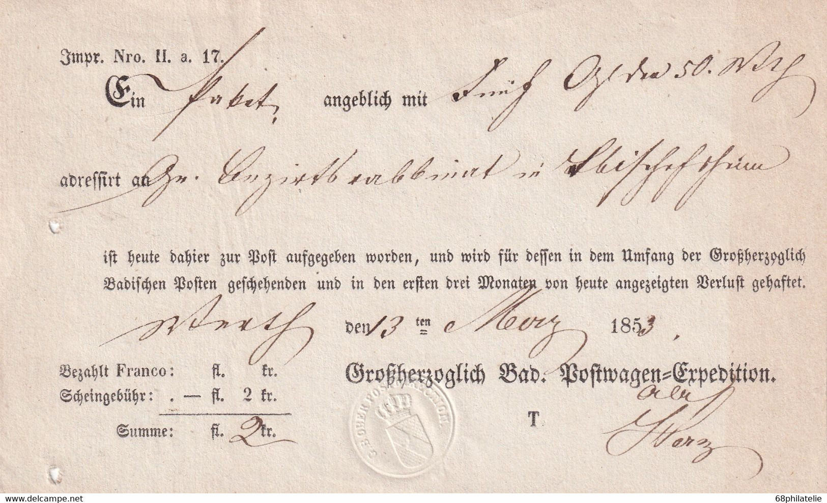 BADEN 1853 DOCUMENT POSTAL - Cartas & Documentos