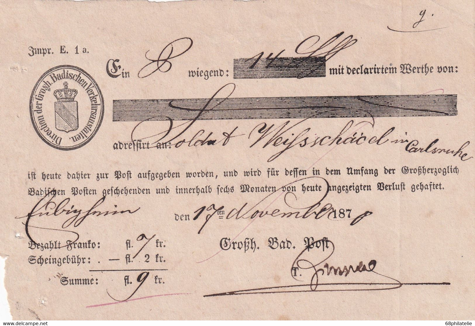 BADEN 1870 DOCUMENT POSTAL - Covers & Documents