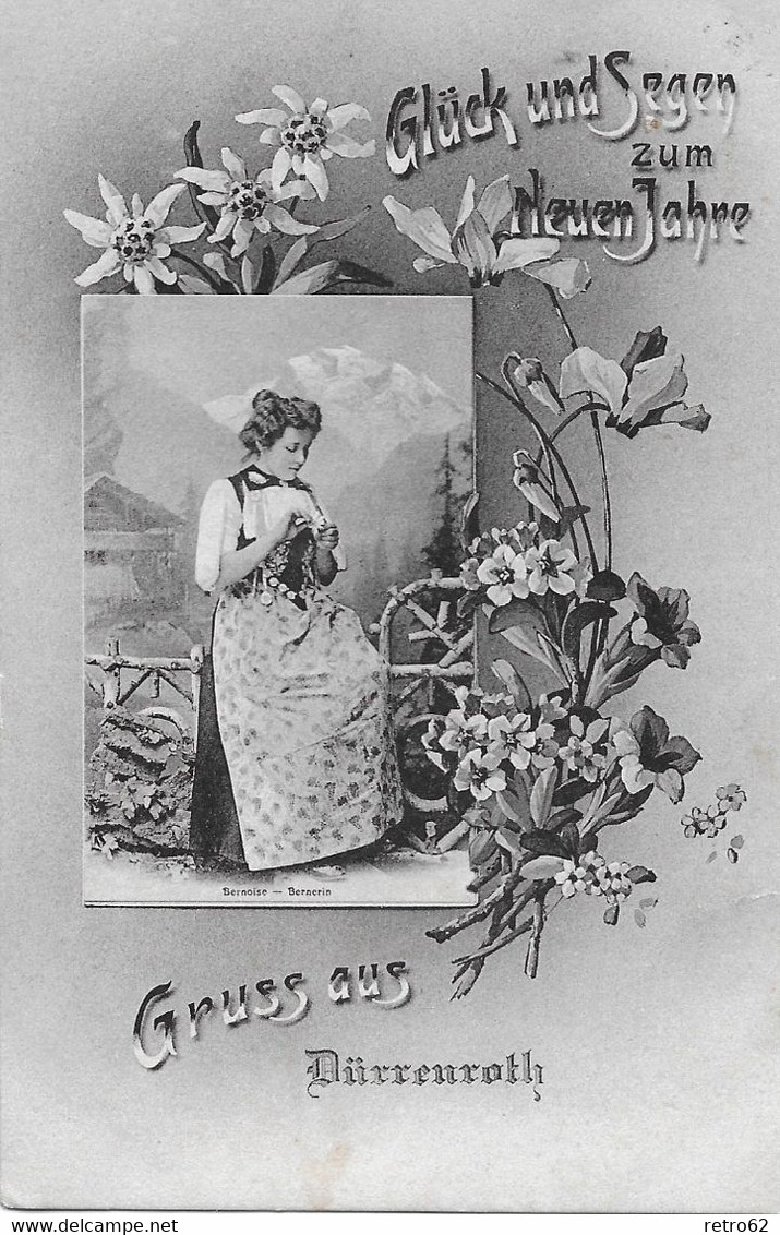GRUSS AUS DÜRRENROTH → Schöne Neujahrskarte Mit Trachtenfrau Anno 1908 - Dürrenroth