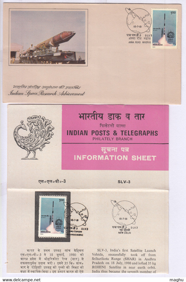 FDC + Stamped Information On SLV 3, Indian Space Research Organization, ISRO, Map, India 1981 - Azië