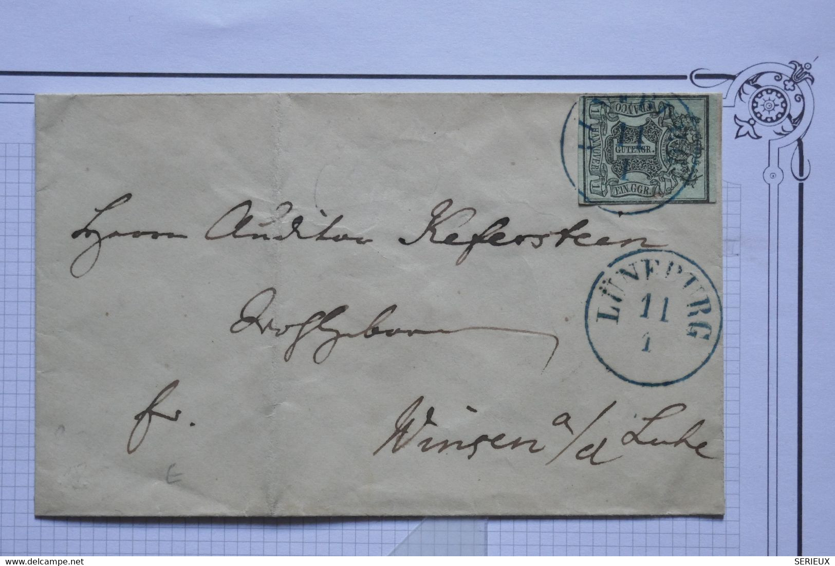 O 9 HANNOVER ALLEMAGNE  BELLE LETTRE  1852 LUNEBURG   POUR WINSEN +1G + + CACHET  BLEU  + + AFFRANCH. PLAISANT - Hanover