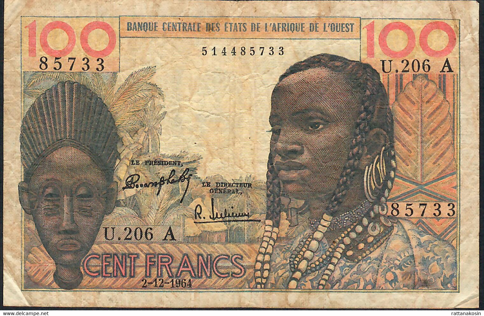 W.A.S. IVORY COAST P101Ad 100 FRANCS 2.12.1964 #U.206  Signature 3 F-VF NO P.h. - Estados De Africa Occidental