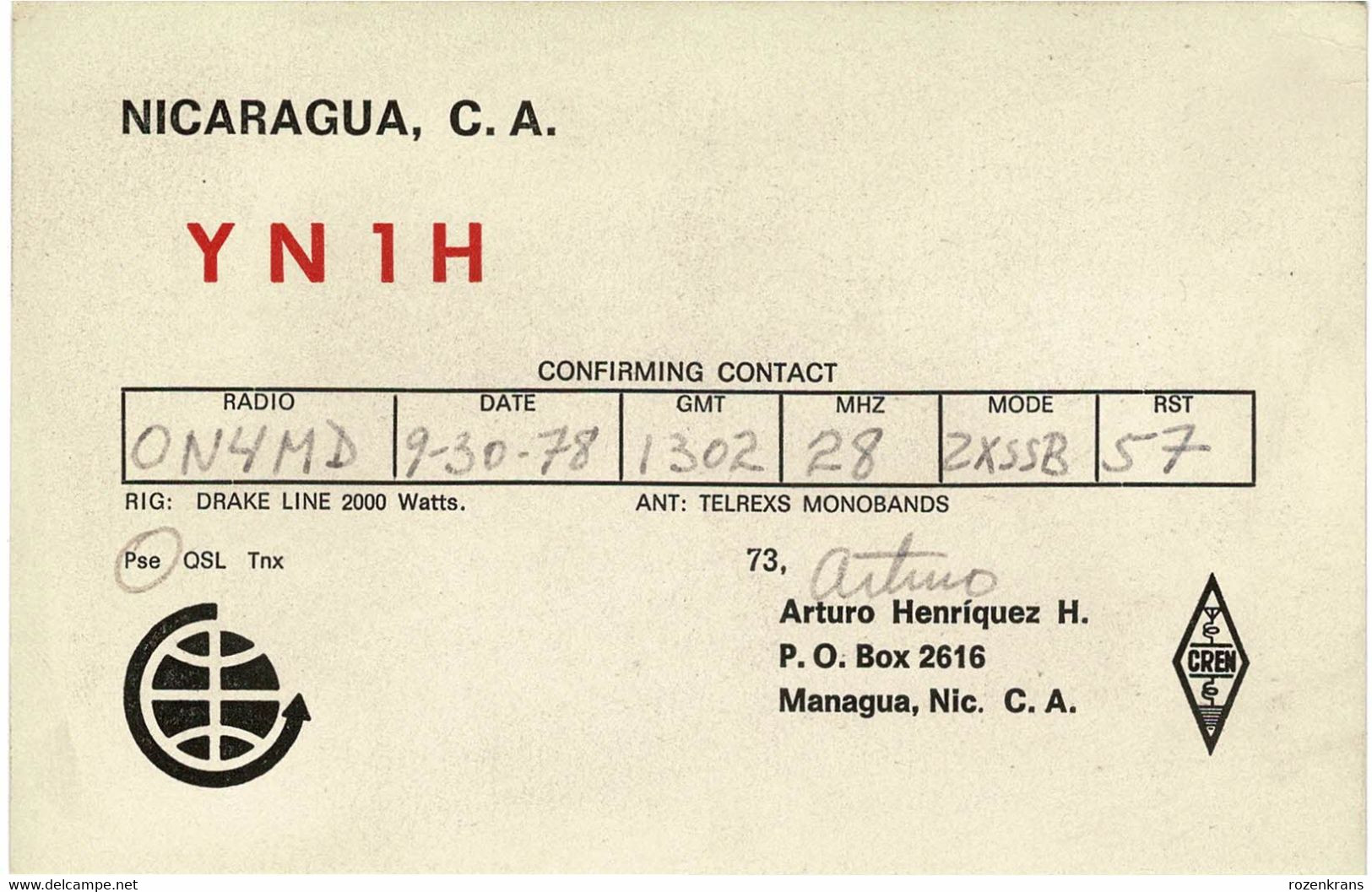 QSL Card Amateur Radio Station Funkkarte NICARAGUA Arturo Henriquez Managua 1978 - Amateurfunk