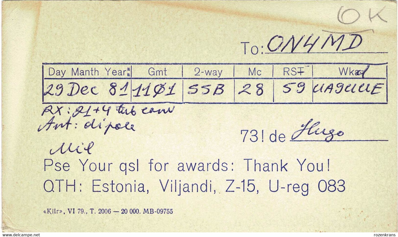 QSL QSO Card Amateur Radio Station Funkkarte Estonia Estland Hugo Tahtla 1981 Viljandi - Radio Amatoriale