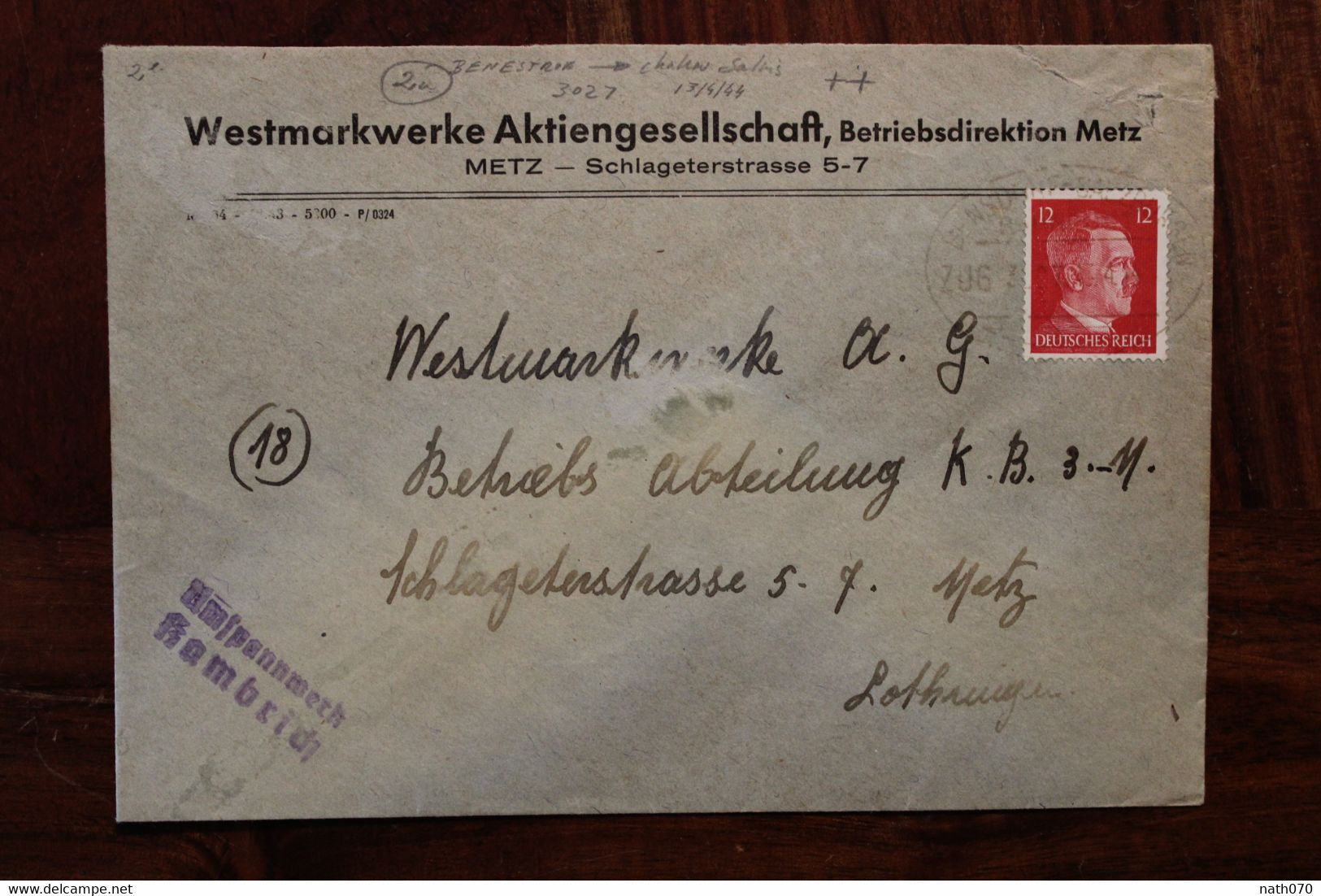 1944 ZUG Benestrof Chateau Salins Metz Westmark Lorraine Löthringen Cover Reich Besetzung Bahnpost - 2. Weltkrieg 1939-1945