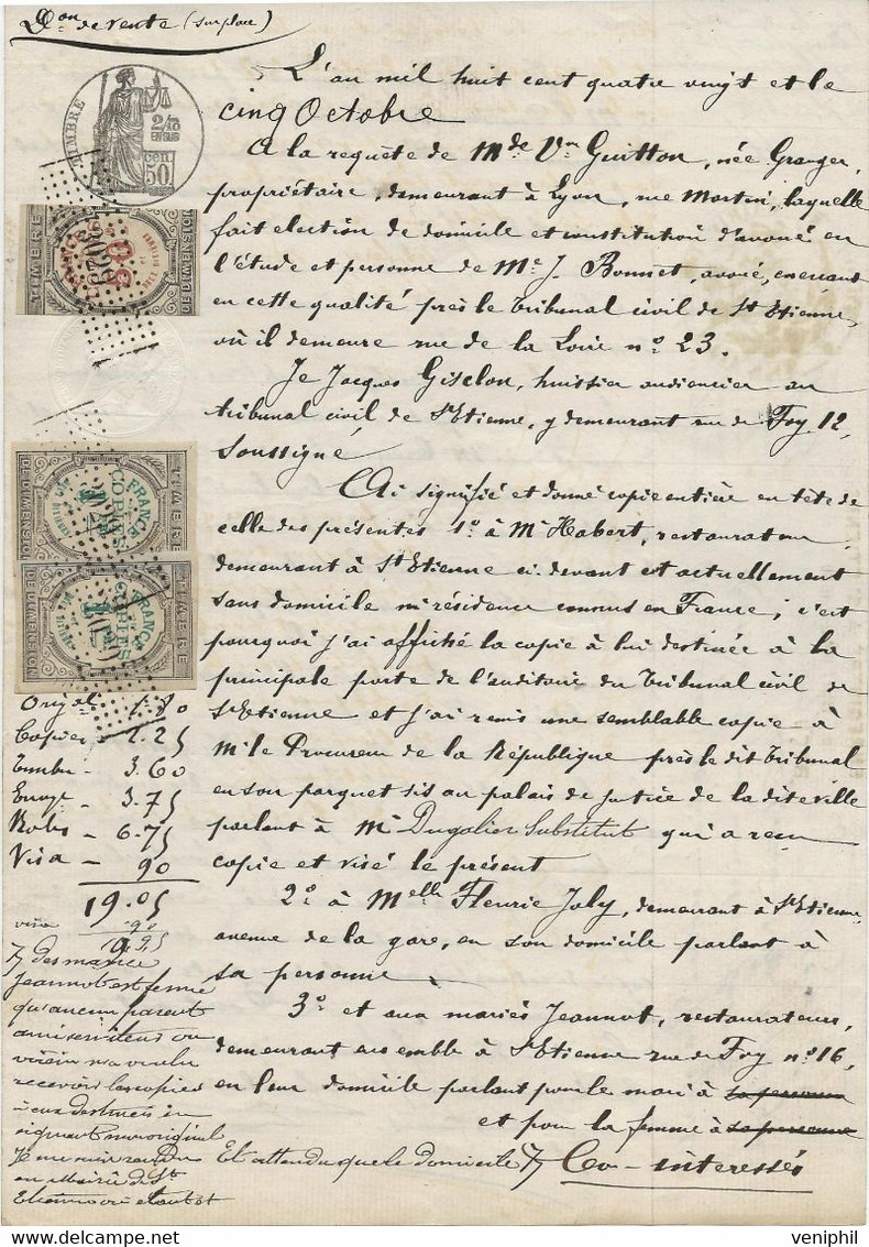 DOCUMENT NOTARIAL LYON - AFFRANCHIE TIMBRES DE DIMENSIONS N° 38 ET 39 -ANNEE 1880 - Altri & Non Classificati