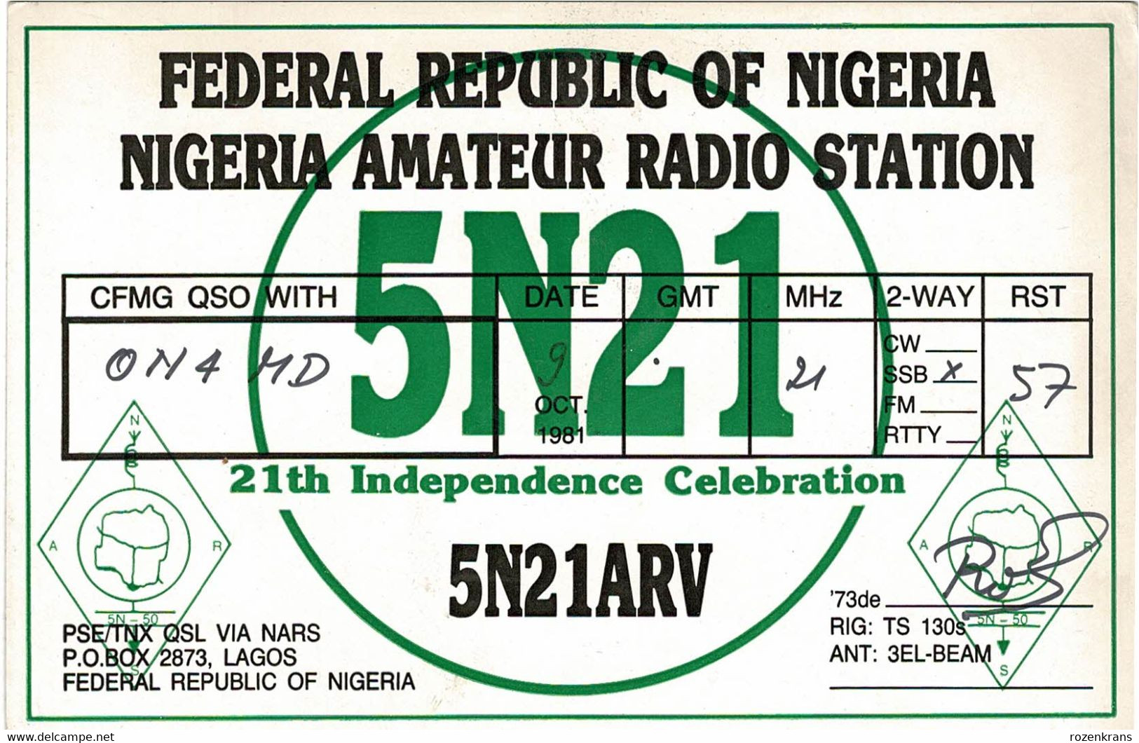 QSL QSO Card Amateur Radio Station Funkkarte NIGERIA LAGOS 1981 Africa Afrika Afrique - Amateurfunk