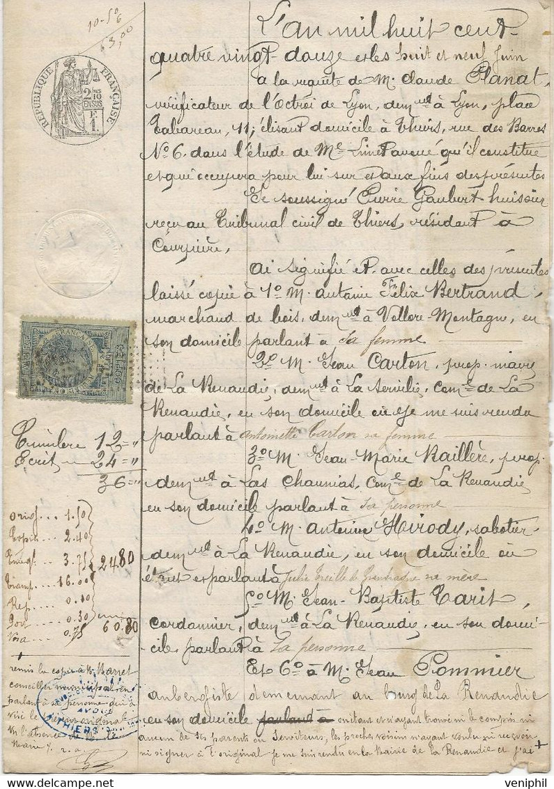 DOCUMENT NOTARIAL AFFRANCHI AVEC 9 TIMBRES CPOPIES N° 10 - ANNEE 1892 -LYON - Autres & Non Classés