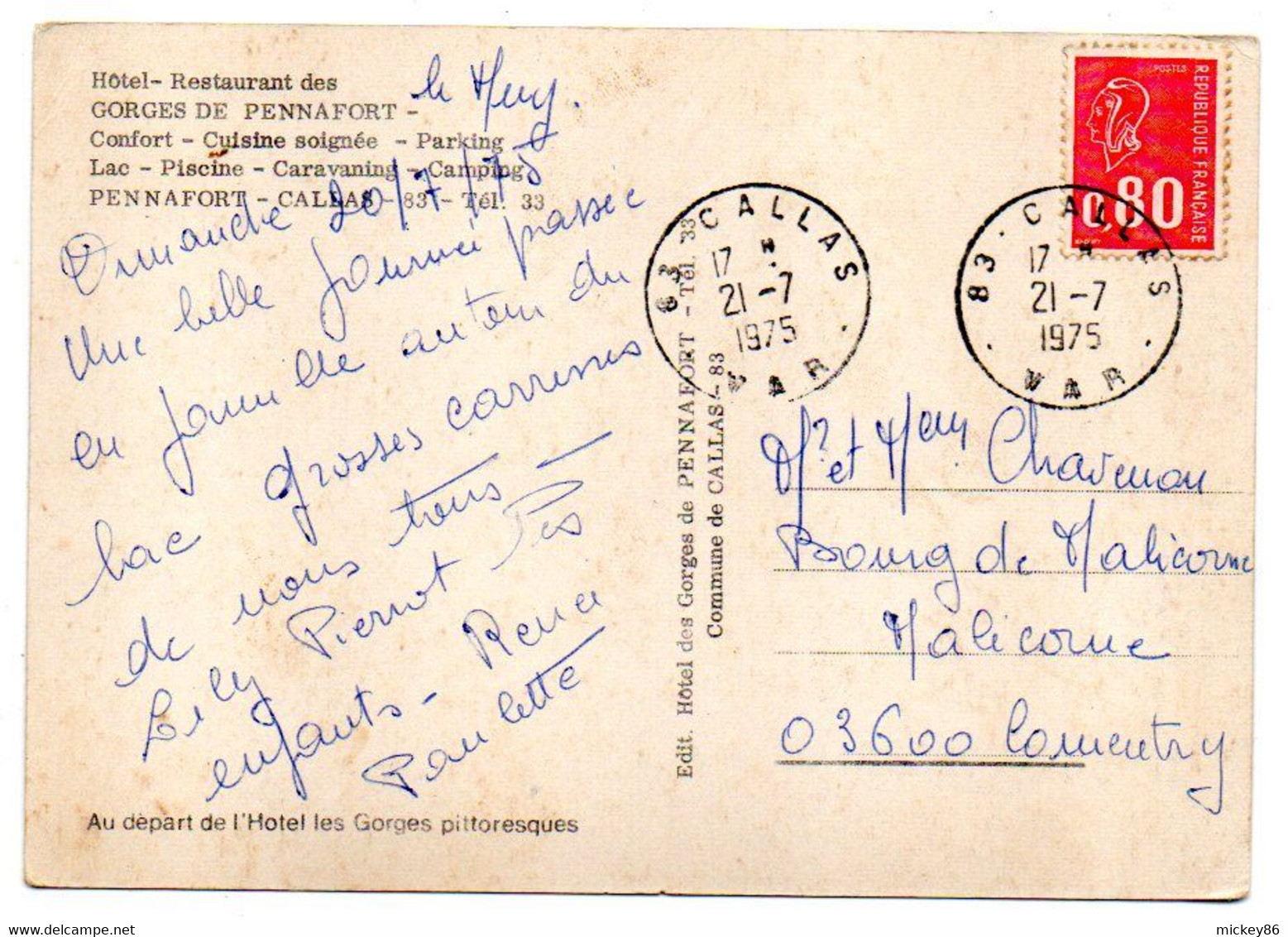 CALLAS --1975--Gorges De PENNAFORT (petite Animation)..carte Publicitaire Hôtel-Restaurant Des Gorges..........à Saisir - Callas