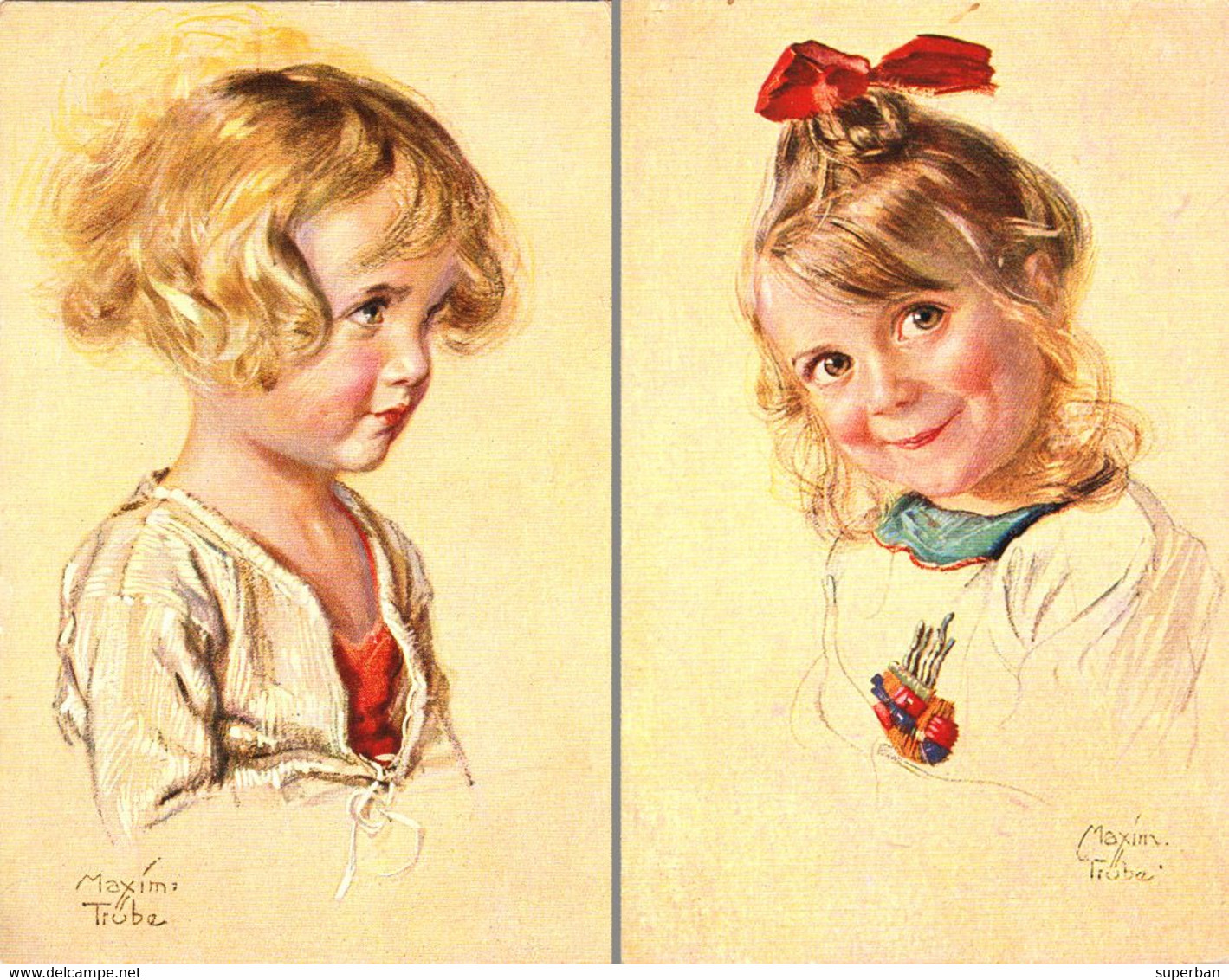 ART DÉCO / JUGENDSTIL - ENFANT / CHILD : 2 CARTES POSTALES / 2 POSTCARDS - SIGNED : MAXIM TRÜBE ~ 1910 - '915 (aj272) - Truebe, Maxim