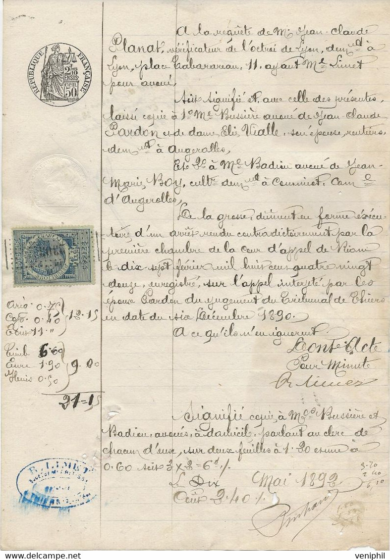 DOCUMENT NOTARIAL AFFRANCHI AVEC 7 TIMBRES FISCAUX N° 9 ET 10  - ANNEE 1892 -LYON - Andere & Zonder Classificatie