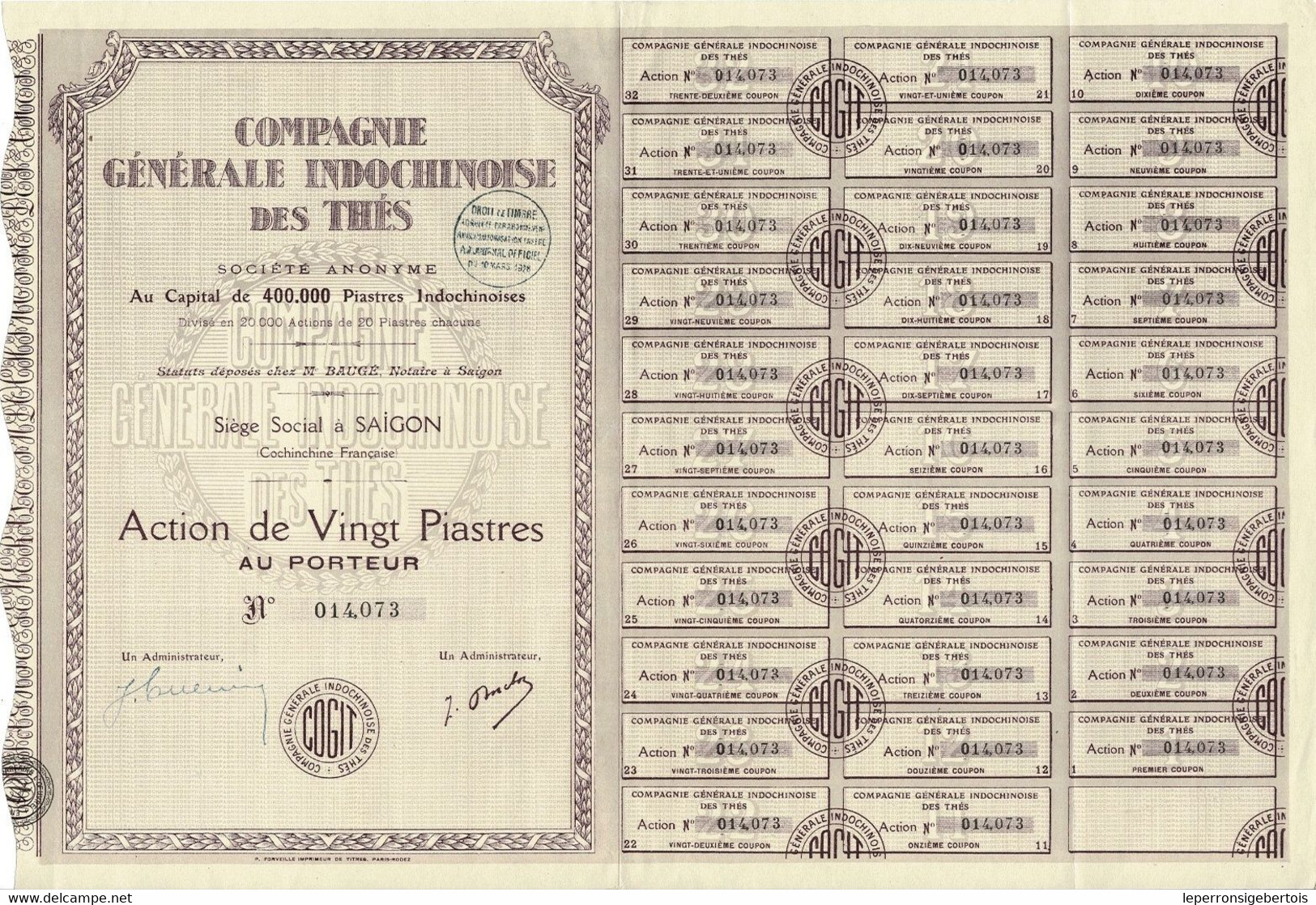 Titre De 1928 - Compagnie Générale Indochinoise Des Thés - Asie