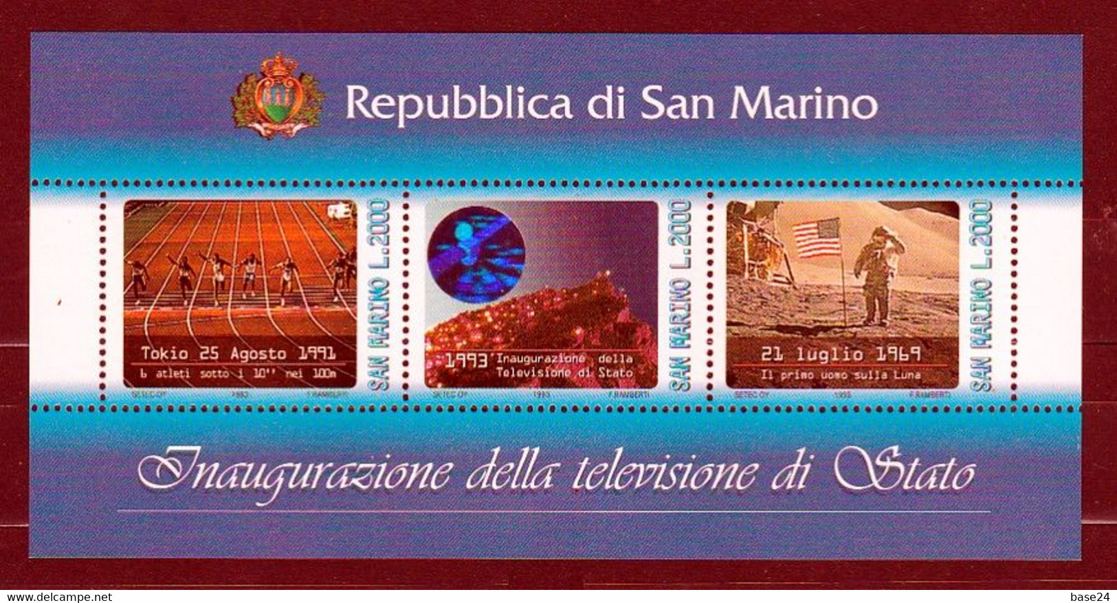 1993 San Marino Saint Marin TELEVISIONE DI STATO Foglietto Di 3 Valori MNH** Con Ologramma STATE TELEVISION Minisheet - Blocchi & Foglietti