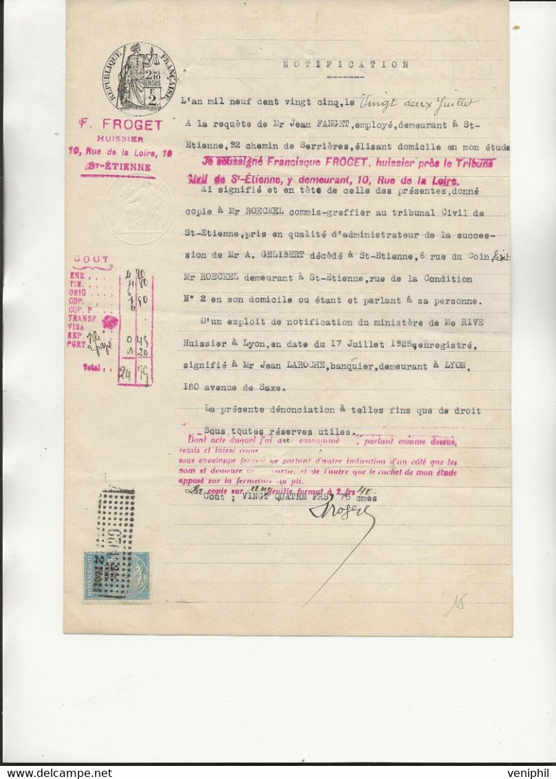 DOCUMENT NOTARIAL AFFRANCHI AVEC TIMBRE FISCAL DIMENSION N° 88-ANNEE 1925-TB - Otros & Sin Clasificación