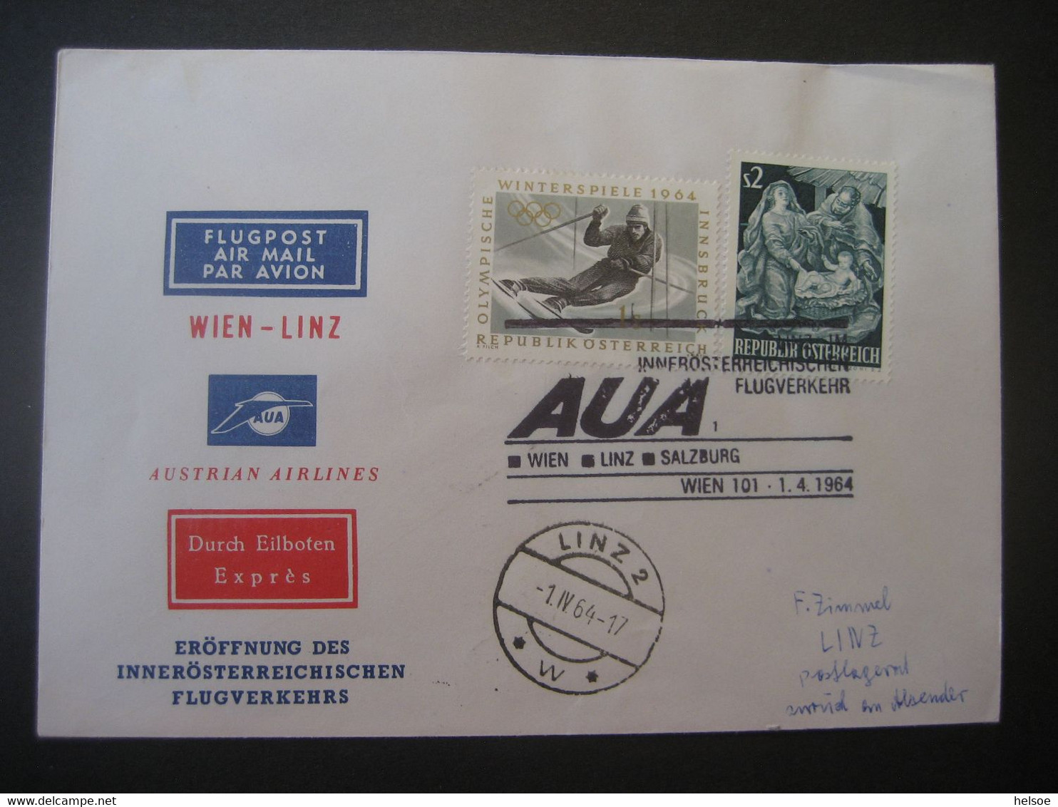 Österreich 1964- Erst-Flug-Beleg Mit AUA Gelaufen Von Wien Nach Linz - Erst- U. Sonderflugbriefe