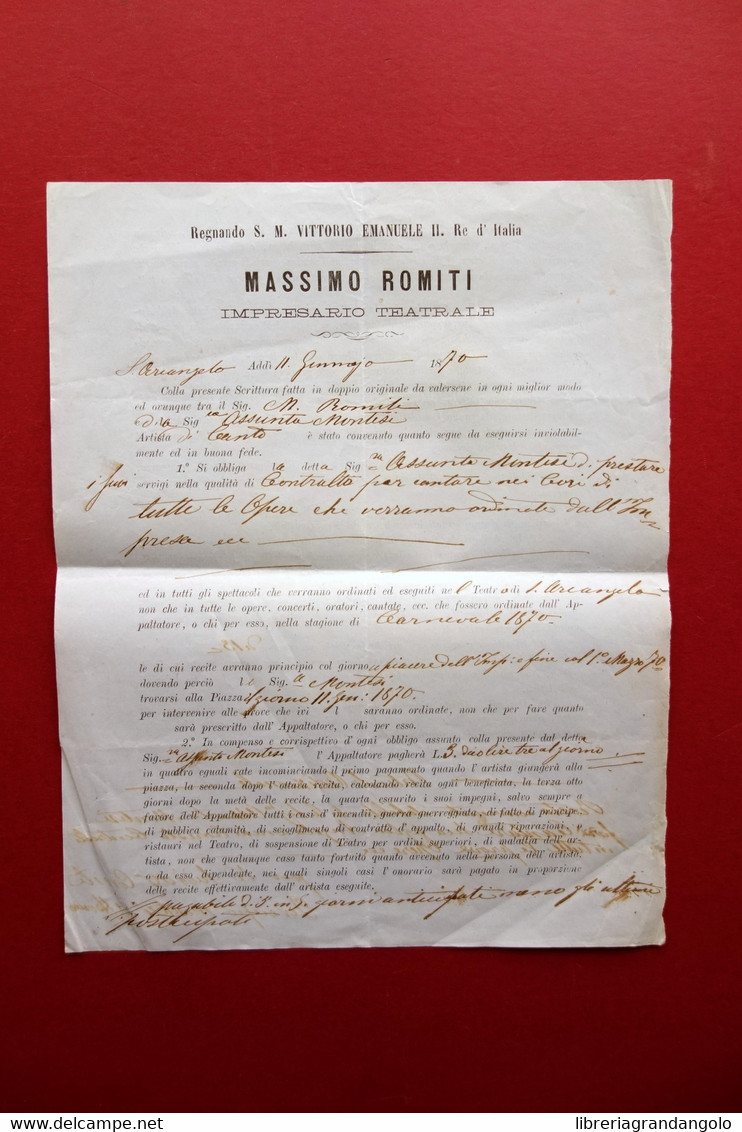 Contratto Teatrale Impresario Massimo Romiti Assunta Montisi Contralto 1870 - Non Classés