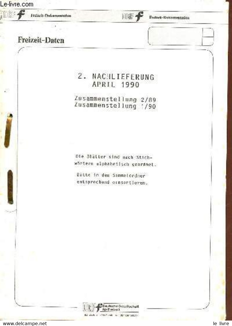 Freizeit-daten 2.nachlieferung April 1990 Zusammenstellung 2/89 Zusammenstellung 1/90 - Die Blätter Sind Nach Stich-wört - Sonstige & Ohne Zuordnung