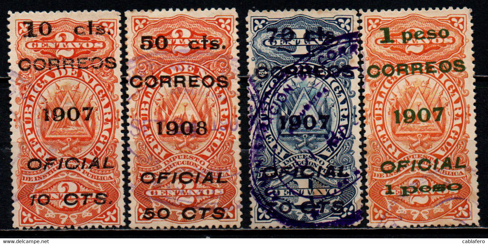 NICARAGUA - 1907/1908 - Revenue Stamps Surcharged - USATI - Nicaragua