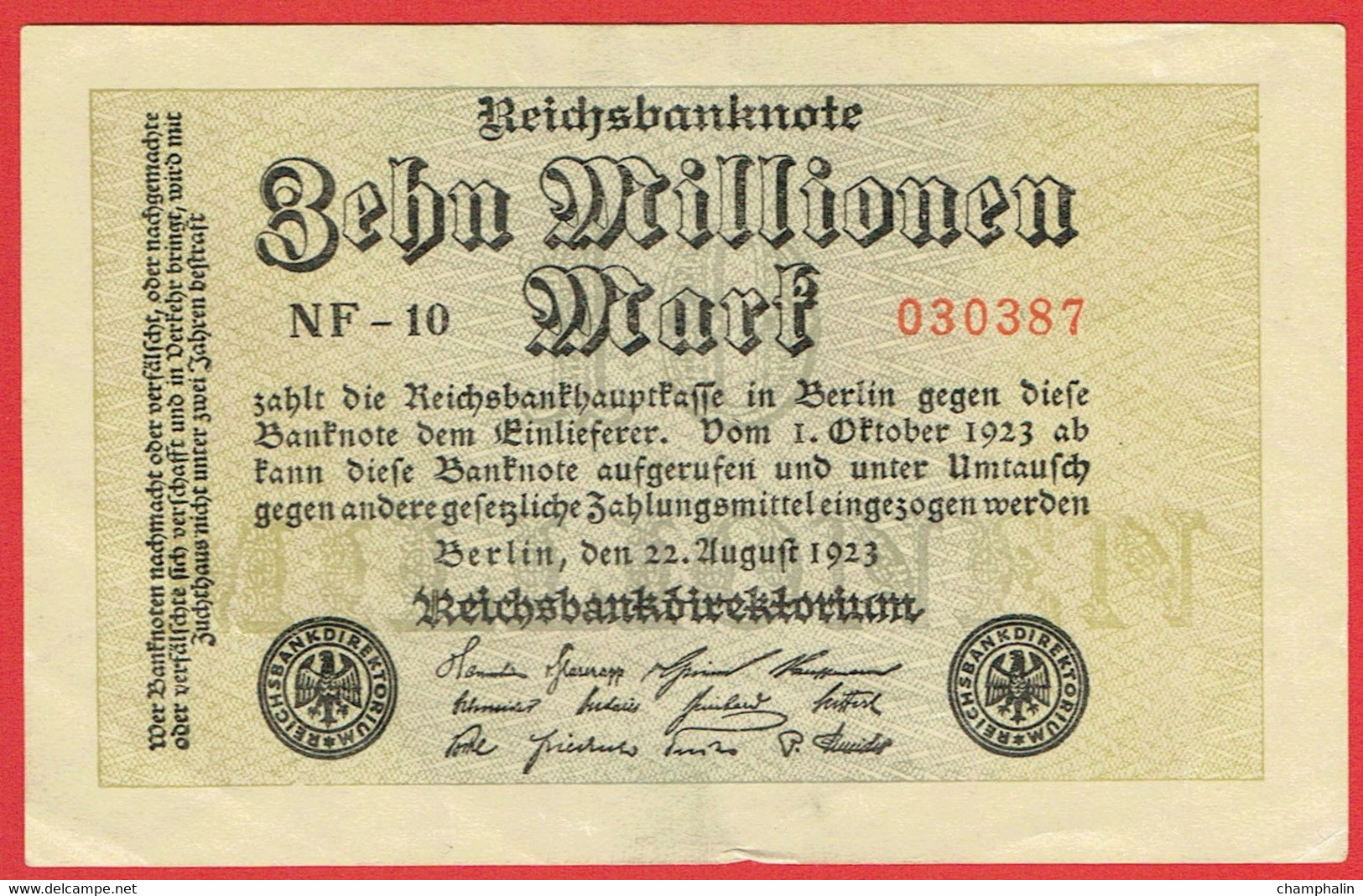 Allemagne - Billet De 10 Millionen Mark - 10.000.000 Mark - 22 Août 1923 - P106a - 10 Miljoen Mark