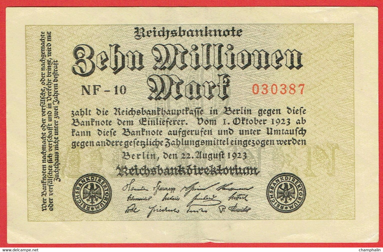 Allemagne - Billet De 10 Millionen Mark - 10.000.000 Mark - 22 Août 1923 - P106a - 10 Mio. Mark
