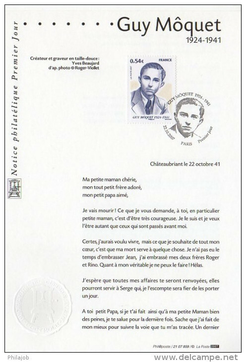 " GUY MÔQUET " Sur Notice Officielle 1er Jour De 2007. N° YT 4107. Parfait état. FDC - WW2