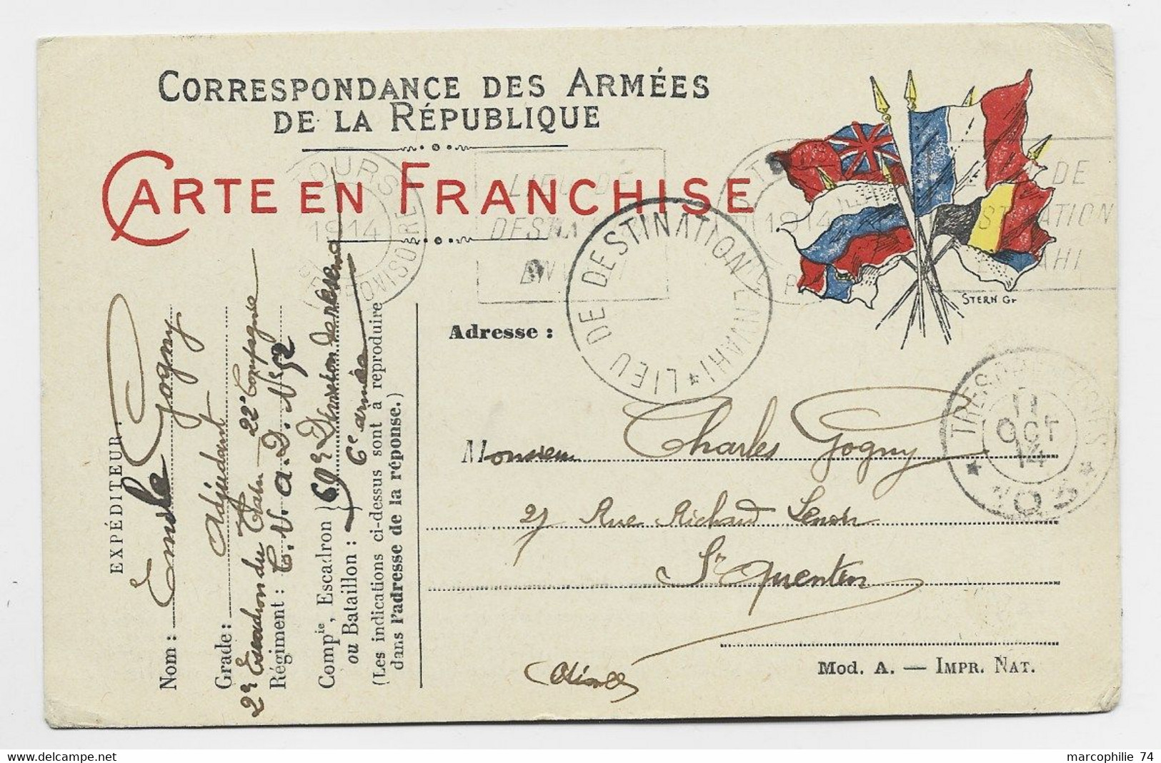 CARTE FM DRAPEAUX TRESOR POSTES 103 11 OCT 1914  ST QUENTIN AISNE + LIEU DE DESTINATION ENVAHI DATEUR ET MECANIQUE TOURS - WW I