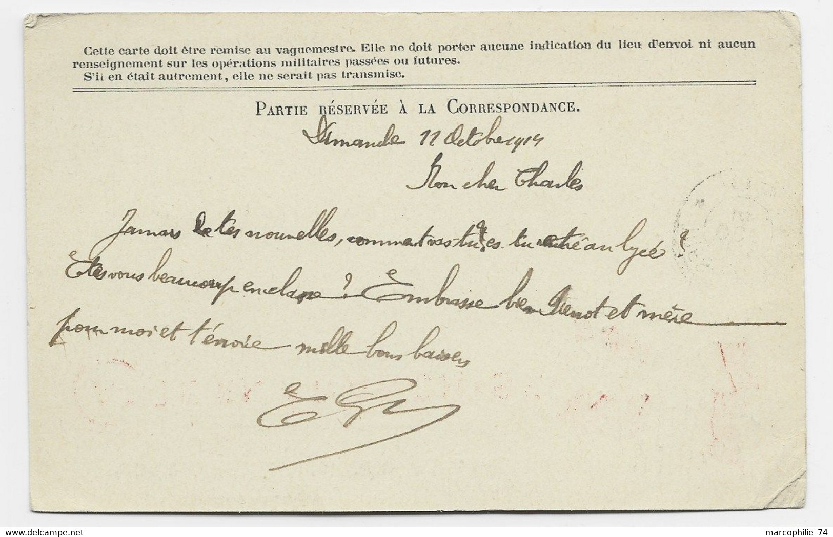 CARTE FM DRAPEAUX TRESOR POSTES 103 11 OCT 1914  ST QUENTIN AISNE + LIEU DE DESTINATION ENVAHI DATEUR ET MECANIQUE TOURS - WW I