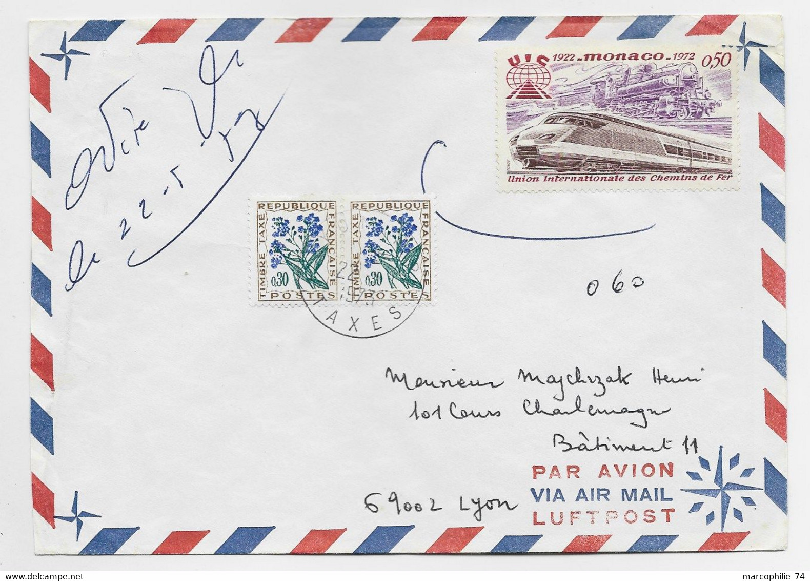 FRANCE TAXE FLEURS 30C PAIRE LYON TAXES 1973 LETTRE AVION DE MONACO 50C CHEMINS DE FER NEUF NON OBLITERE - 1859-1959 Covers & Documents