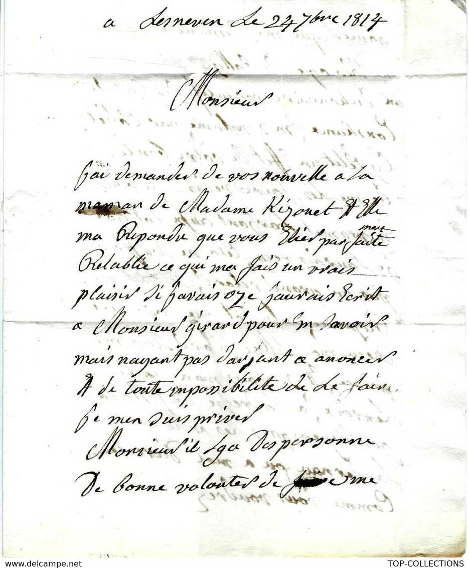 1814 Bretagne LETTRE Sign. Godefroy (de) Kersengar à Lesneven => Prud’Homme Imprimerie Librairie St Brieux St Brieuc - Autres & Non Classés